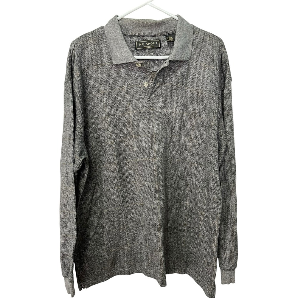 M.E. Sport L Grey Polo Shirt‎ Herringbone Windowpane Long Sleeve Dark Academia